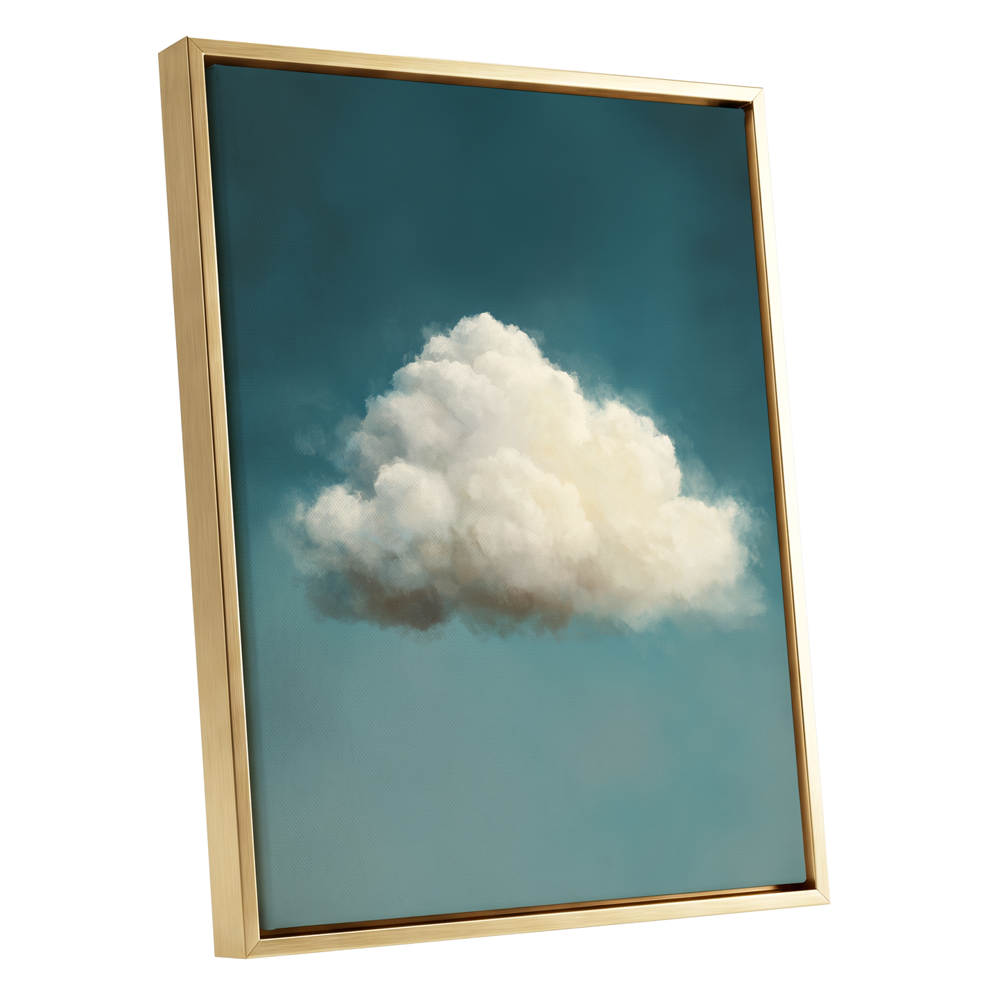 Solitary Cumulus, blue, white, gray nature wall art shown as a gold framed canvas wall art