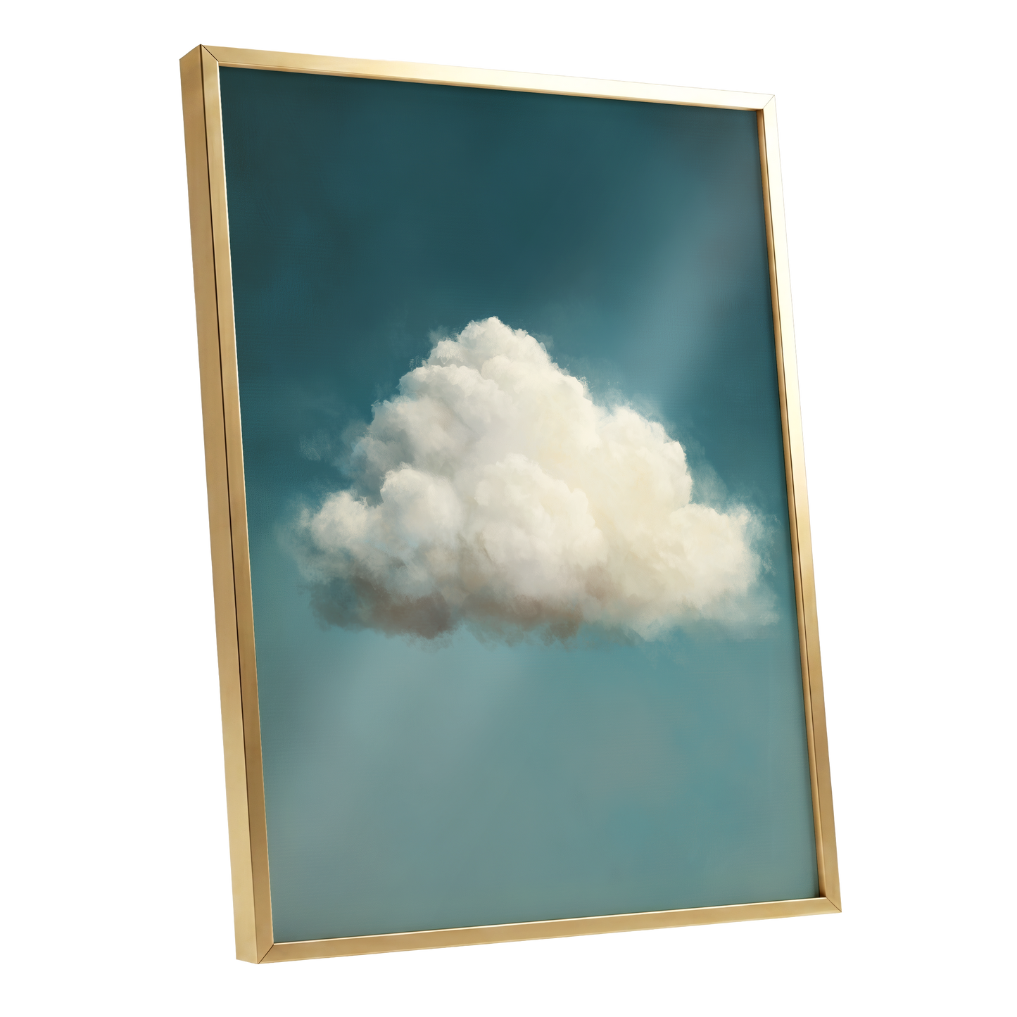 Solitary Cumulus, blue, white, gray nature wall art shown as a gold framed poster wall art print
