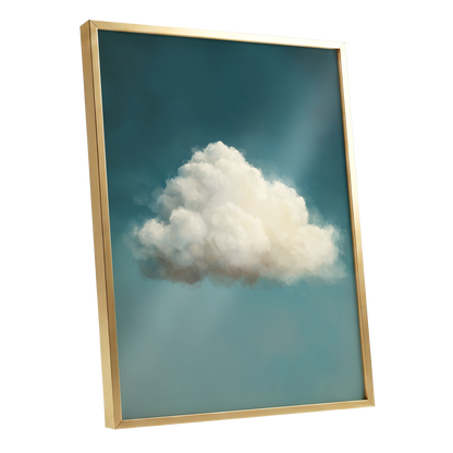 Solitary Cumulus, blue, white, gray nature wall art shown as a gold framed poster wall art print