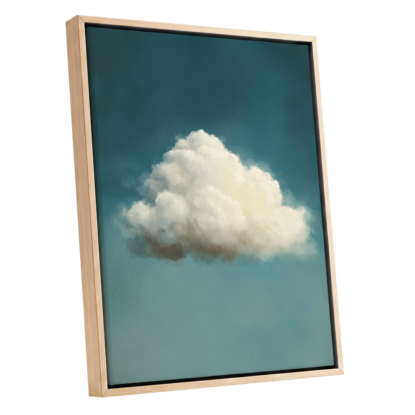 Solitary Cumulus, blue, white, gray nature wall art shown as a oak framed canvas wall art