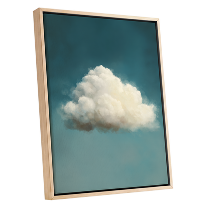 Solitary Cumulus, blue, white, gray nature wall art shown as a oak framed canvas wall art