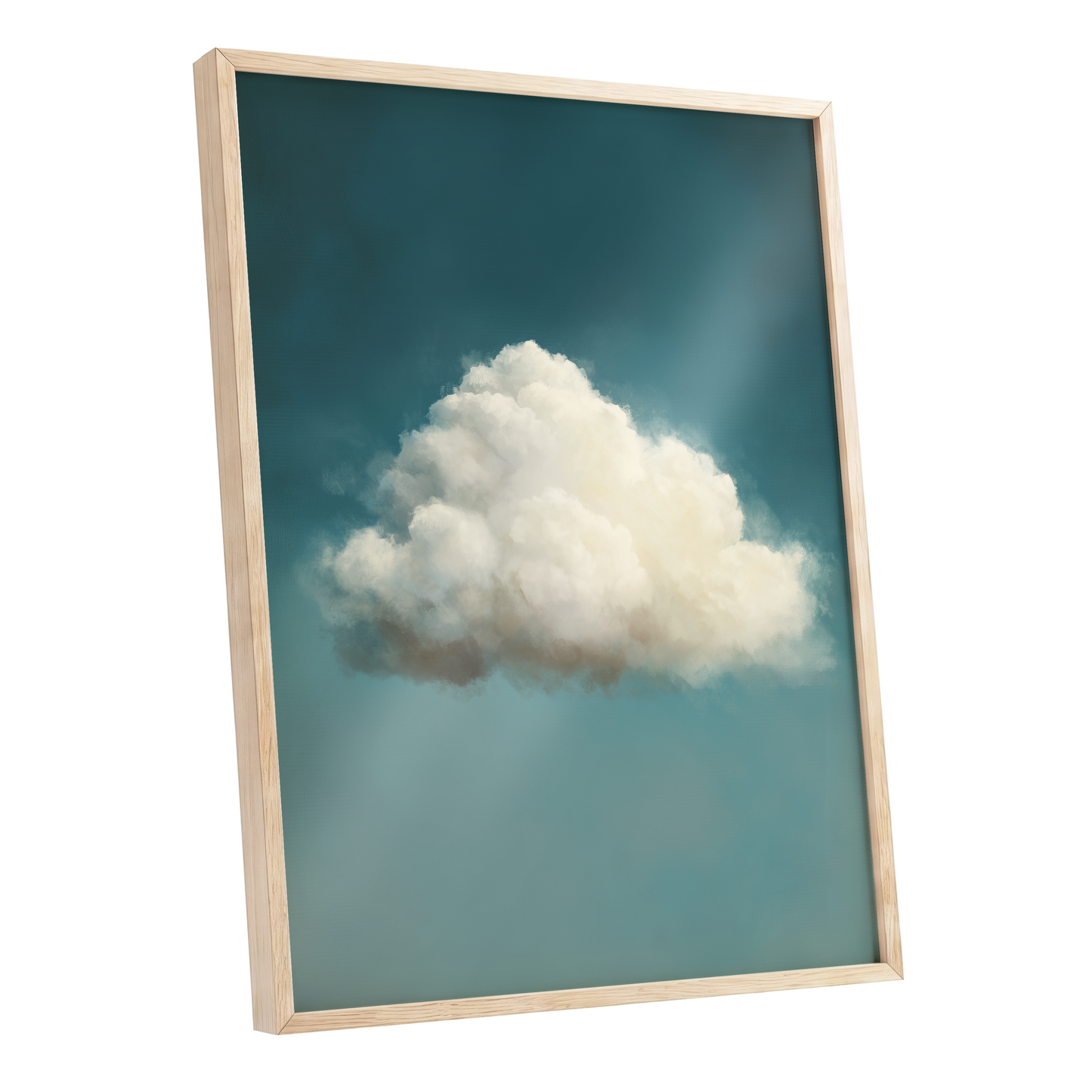 Solitary Cumulus, blue, white, gray nature wall art shown as a oak framed poster wall art print