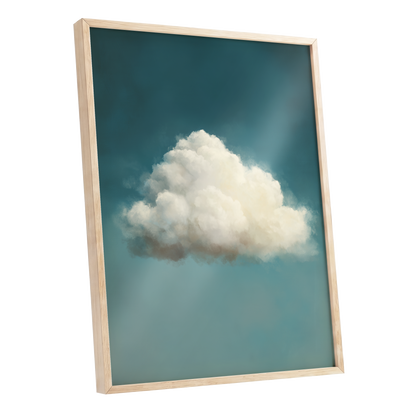 Solitary Cumulus, blue, white, gray nature wall art shown as a oak framed poster wall art print