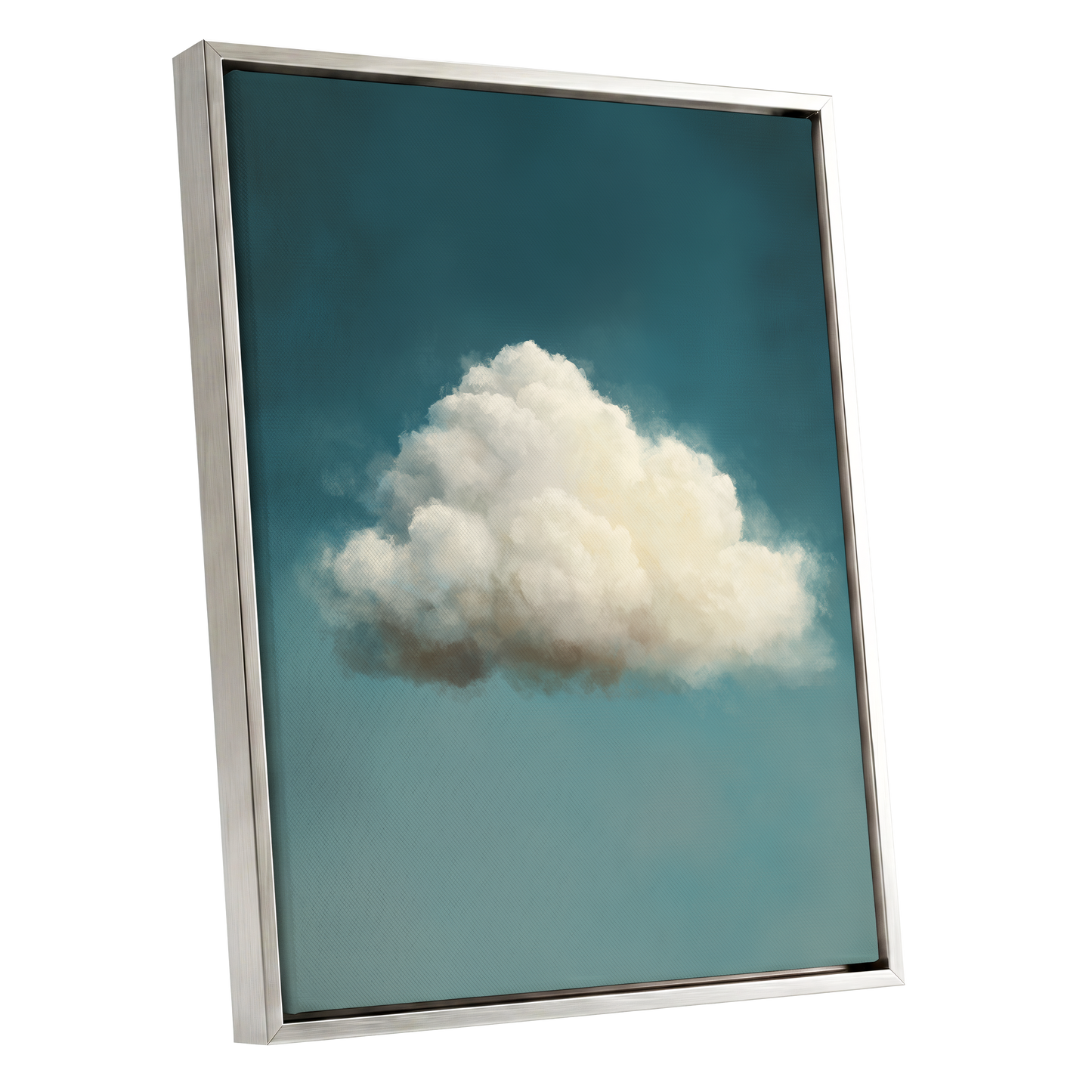 Solitary Cumulus, blue, white, gray nature wall art shown as a silver framed canvas wall art
