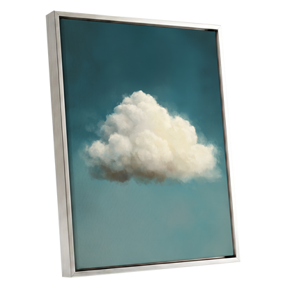 Solitary Cumulus, blue, white, gray nature wall art shown as a silver framed canvas wall art
