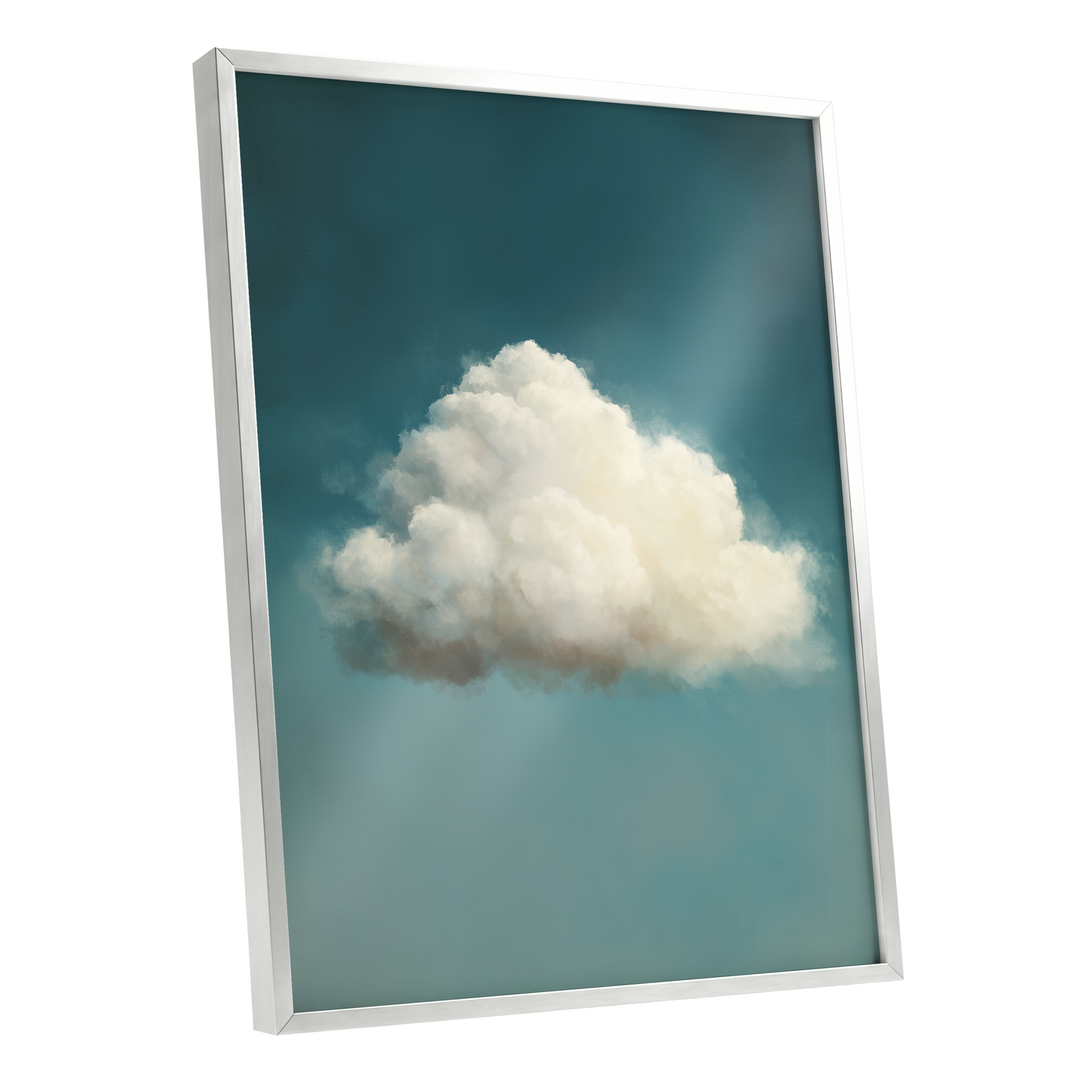 Solitary Cumulus, blue, white, gray nature wall art shown as a silver framed poster wall art print