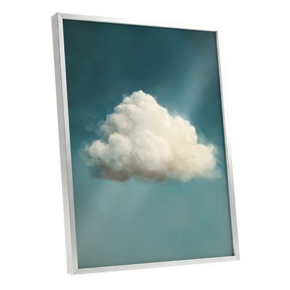 Solitary Cumulus, blue, white, gray nature wall art shown as a silver framed poster wall art print