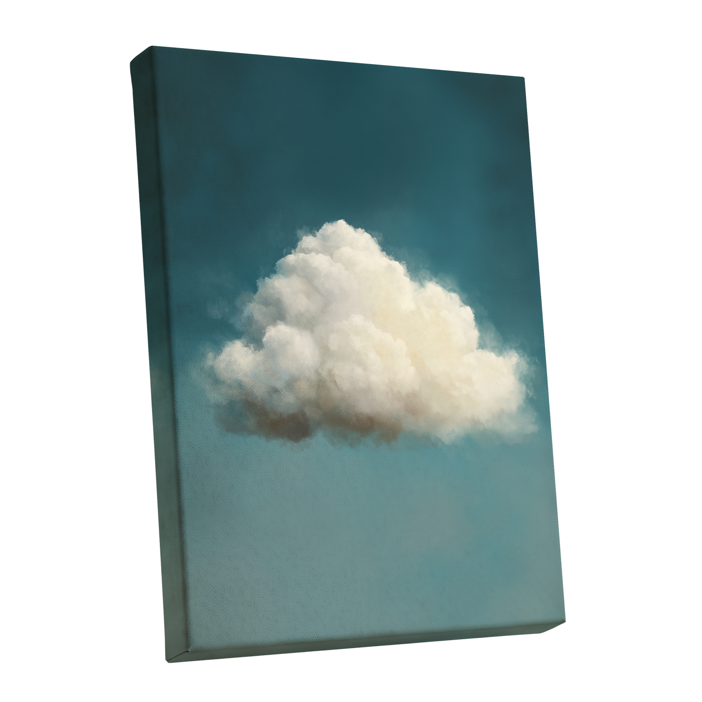Solitary Cumulus, blue, white, gray nature wall art shown as a stretched canvas wall art