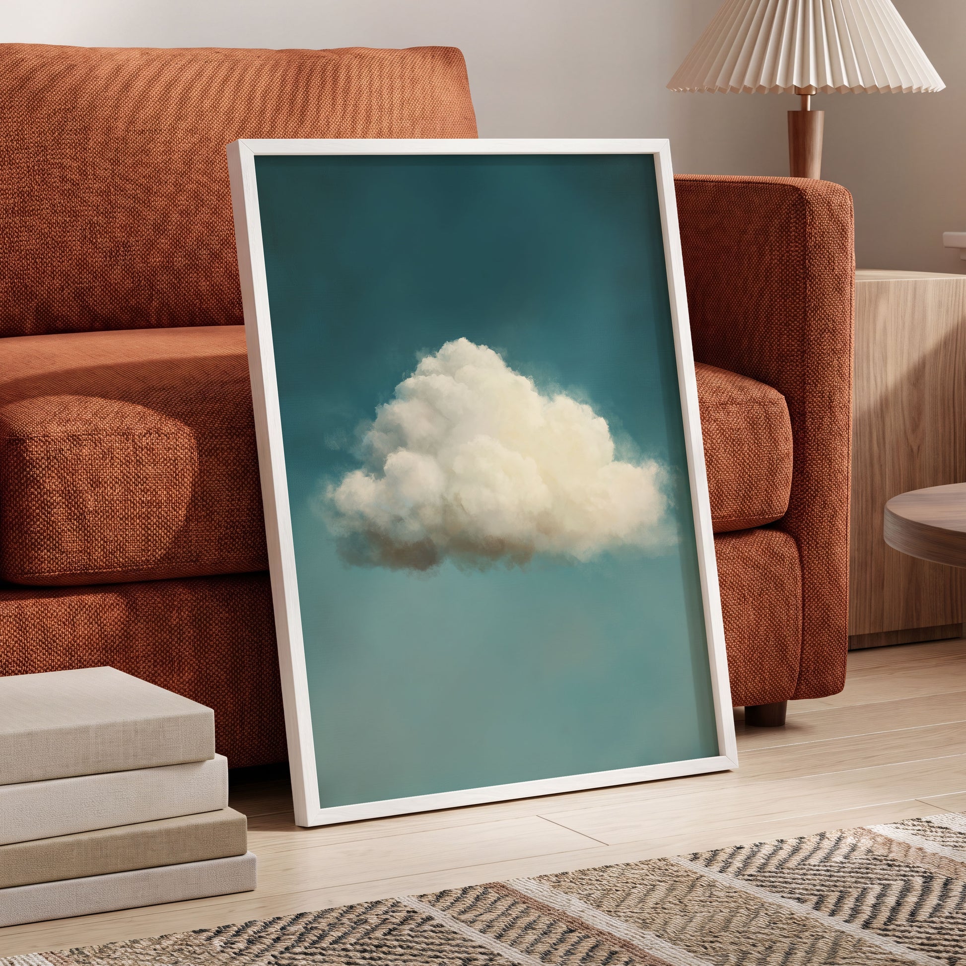 Solitary Cumulus, blue, white, gray nature wall art displayed in a styled interior, gallery view 2