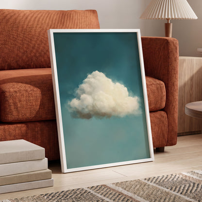 Solitary Cumulus, blue, white, gray nature wall art displayed in a styled interior, gallery view 2