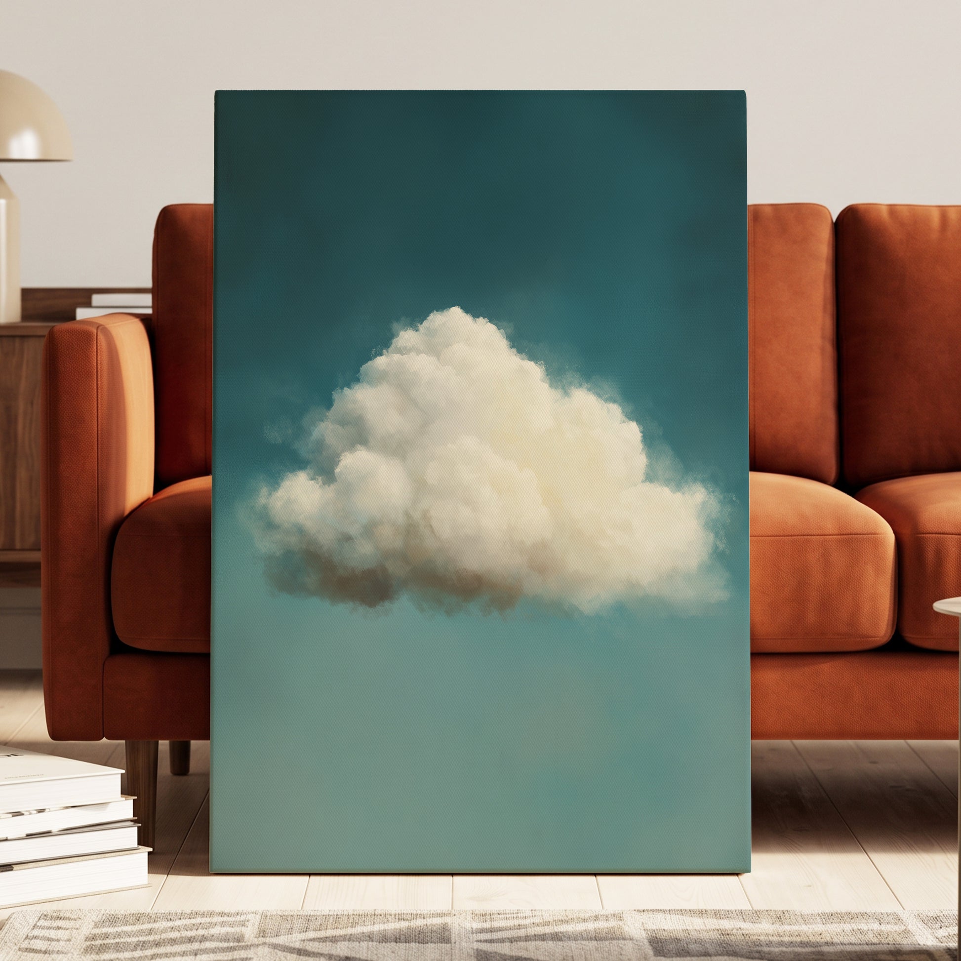 Solitary Cumulus, blue, white, gray nature wall art displayed in a styled interior, gallery view 3