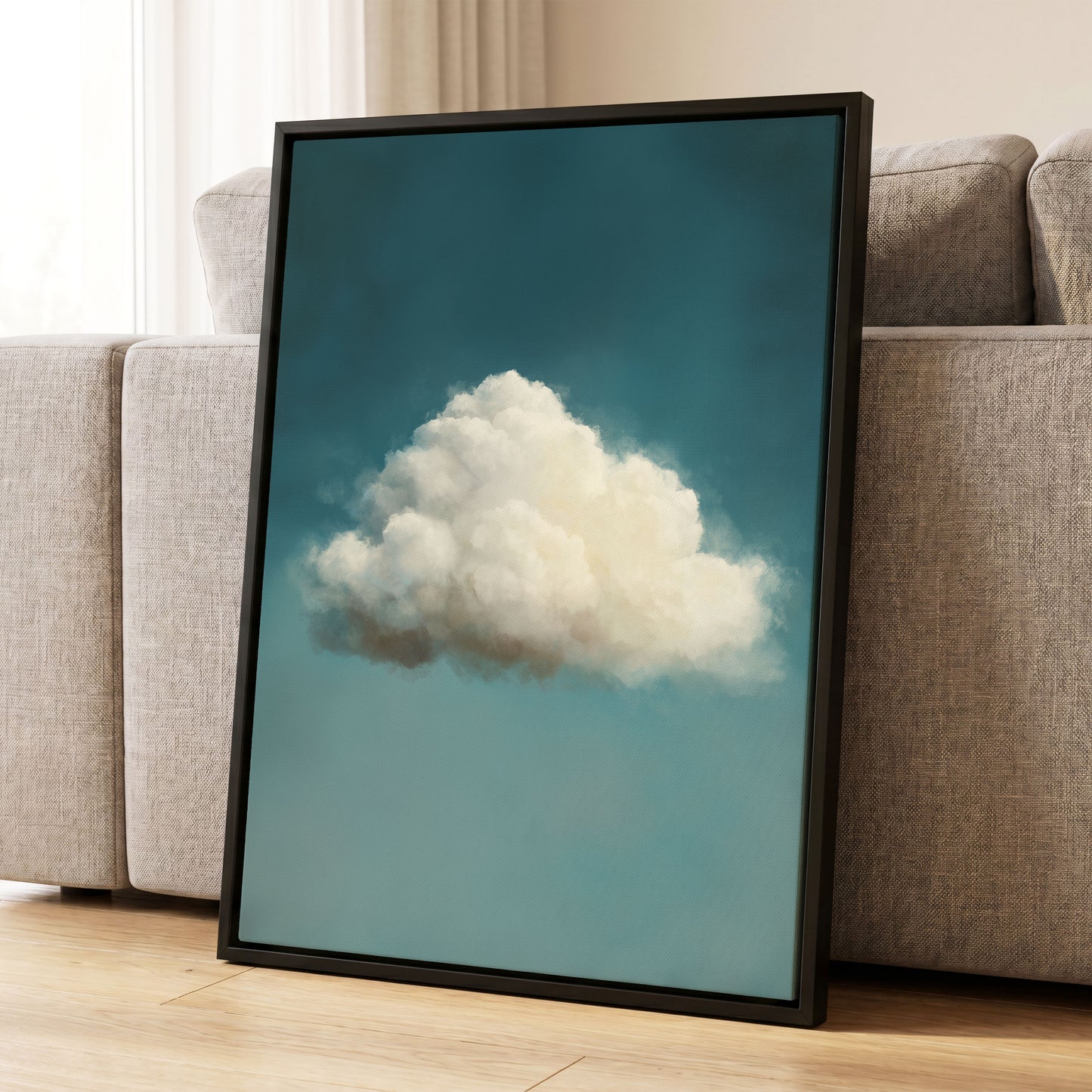 Solitary Cumulus, blue, white, gray nature wall art displayed in a styled interior, gallery view 4