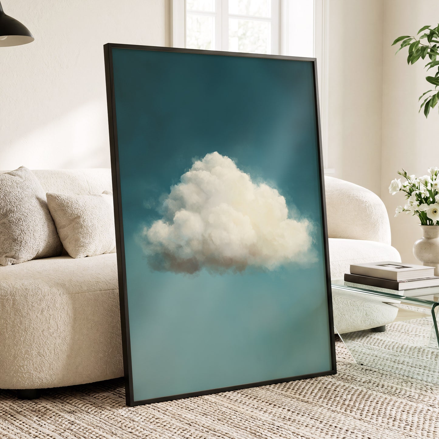 Solitary Cumulus, blue, white, gray nature wall art displayed in a styled interior, gallery view 6