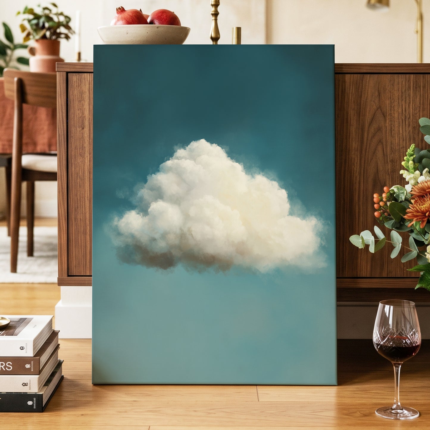 Solitary Cumulus, blue, white, gray nature wall art displayed in a styled interior, gallery view 7