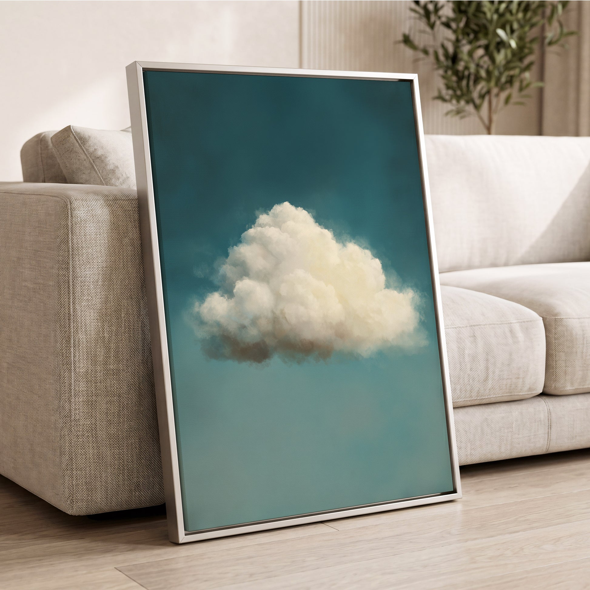 Solitary Cumulus, blue, white, gray nature wall art displayed in a styled interior, gallery view 8