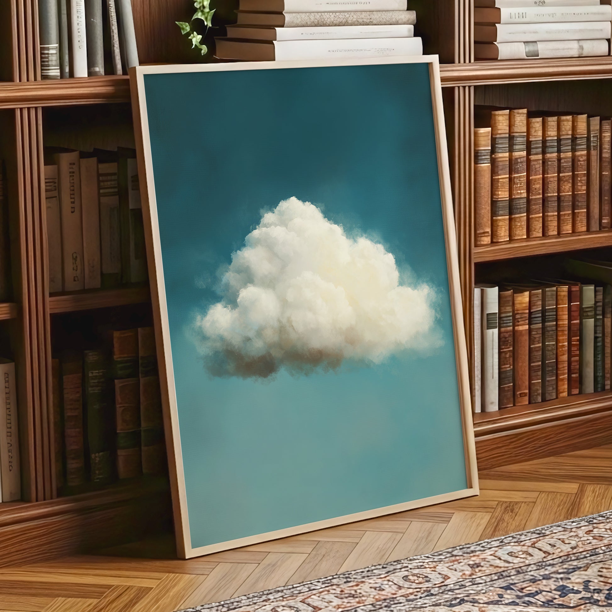 Solitary Cumulus, blue, white, gray nature wall art displayed in a styled interior, gallery view 9