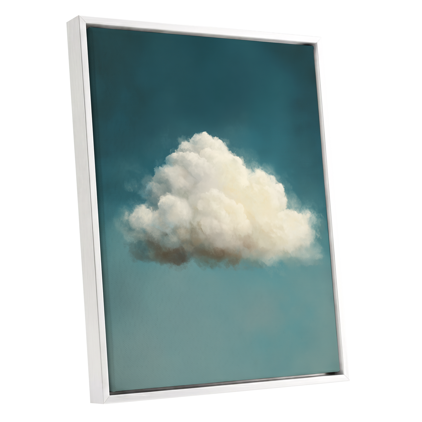Solitary Cumulus, blue, white, gray nature wall art shown as a white framed canvas wall art