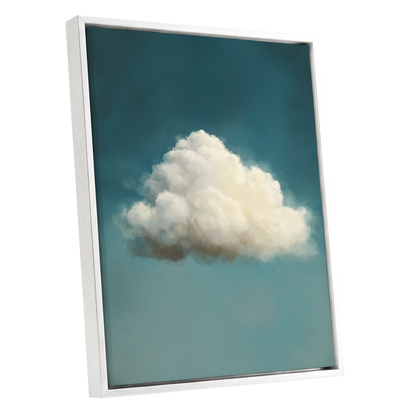 Solitary Cumulus, blue, white, gray nature wall art shown as a white framed canvas wall art