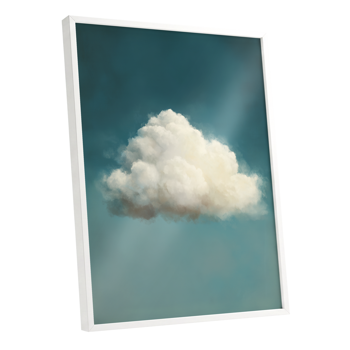 Solitary Cumulus, blue, white, gray nature wall art shown as a white framed poster wall art print