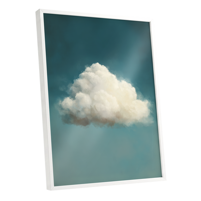 Solitary Cumulus, blue, white, gray nature wall art shown as a white framed poster wall art print