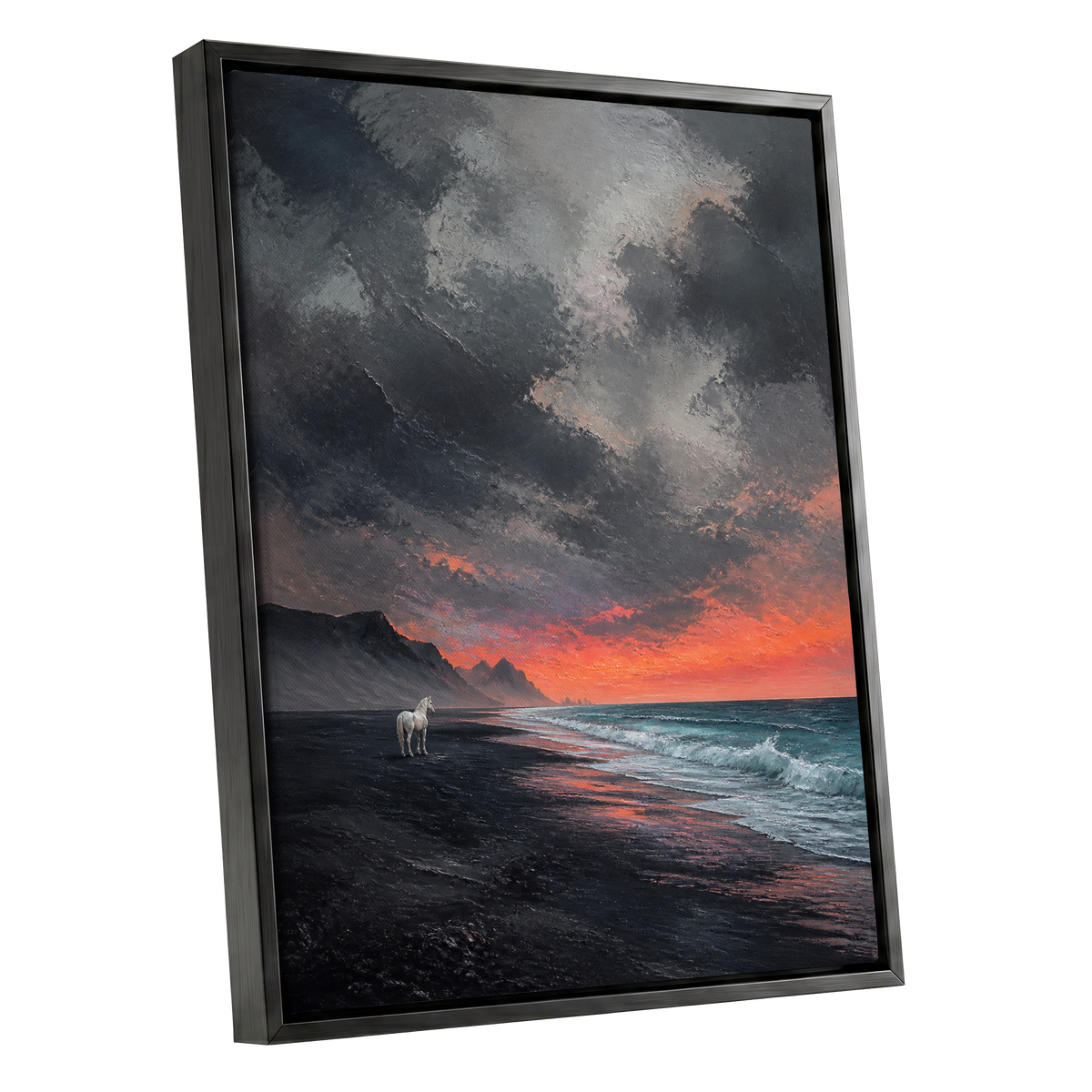 Solitary Shore, black, gray, orange nature wall art shown as a black framed canvas wall art