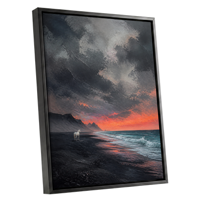 Solitary Shore, black, gray, orange nature wall art shown as a black framed canvas wall art