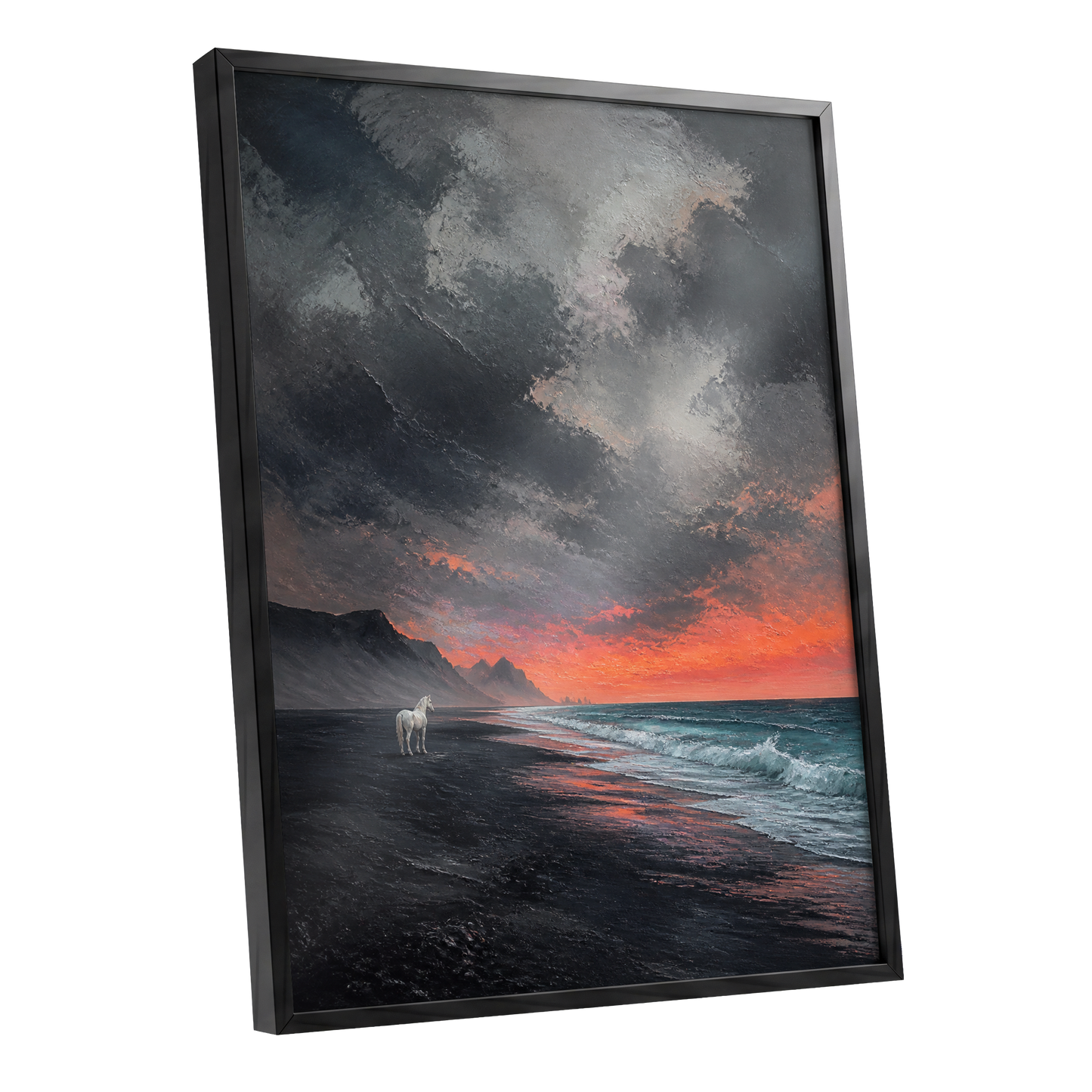 Solitary Shore, black, gray, orange nature wall art shown as a black framed poster wall art print