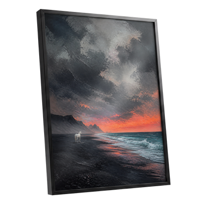 Solitary Shore, black, gray, orange nature wall art shown as a black framed poster wall art print