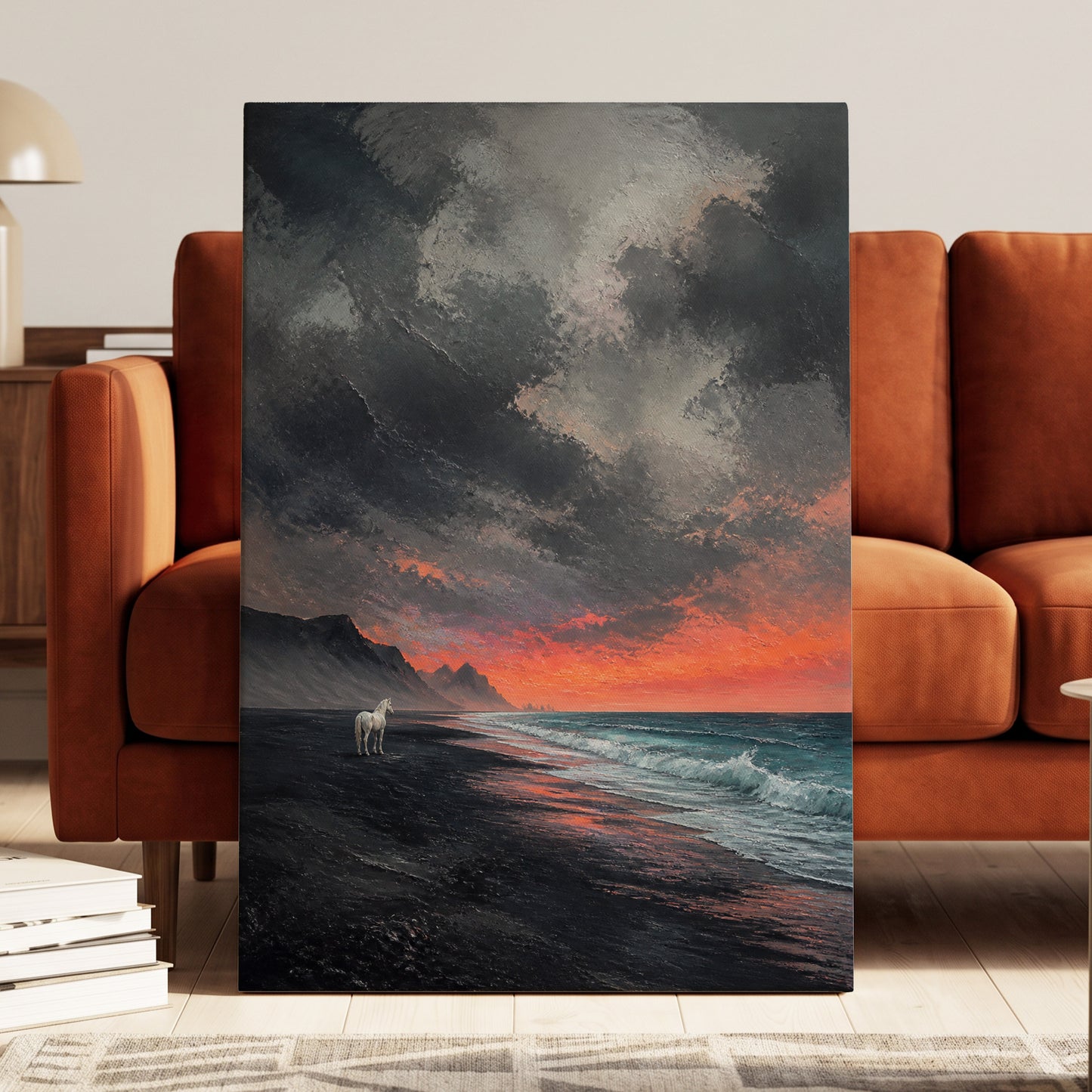 Solitary Shore, black, gray, orange nature wall art on canvas displayed in a styled interior, gallery view 1