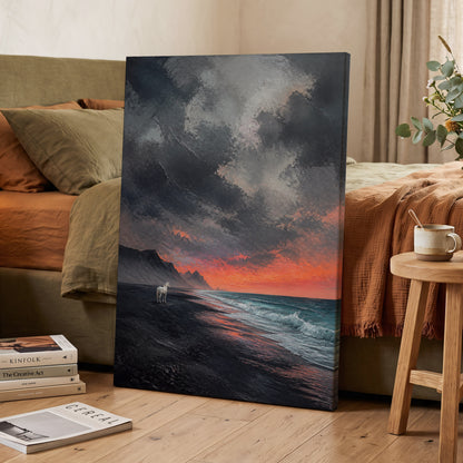 Solitary Shore, black, gray, orange nature wall art on canvas displayed in a styled interior, gallery view 2