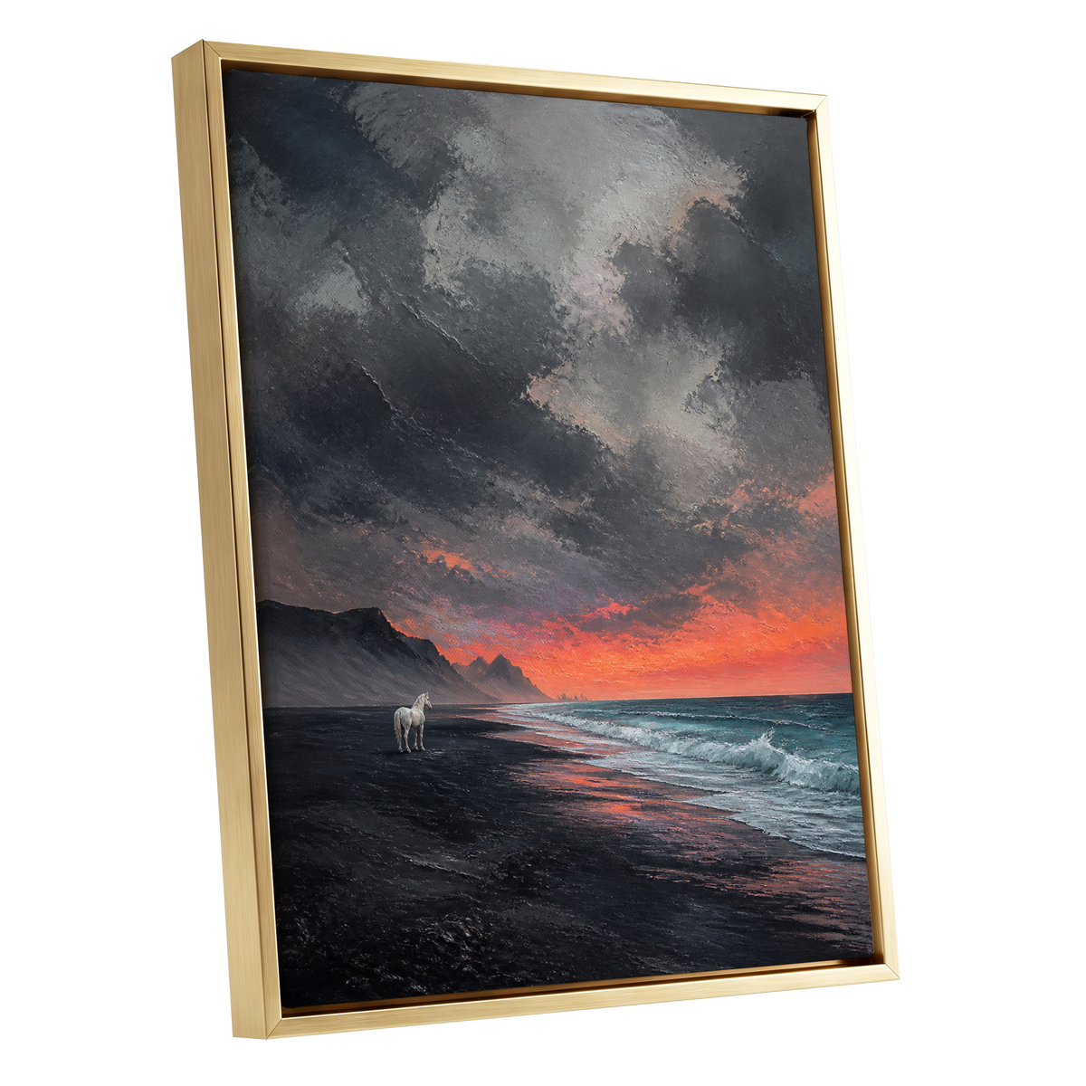 Solitary Shore, black, gray, orange nature wall art shown as a gold framed canvas wall art