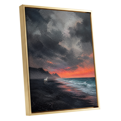 Solitary Shore, black, gray, orange nature wall art shown as a gold framed canvas wall art