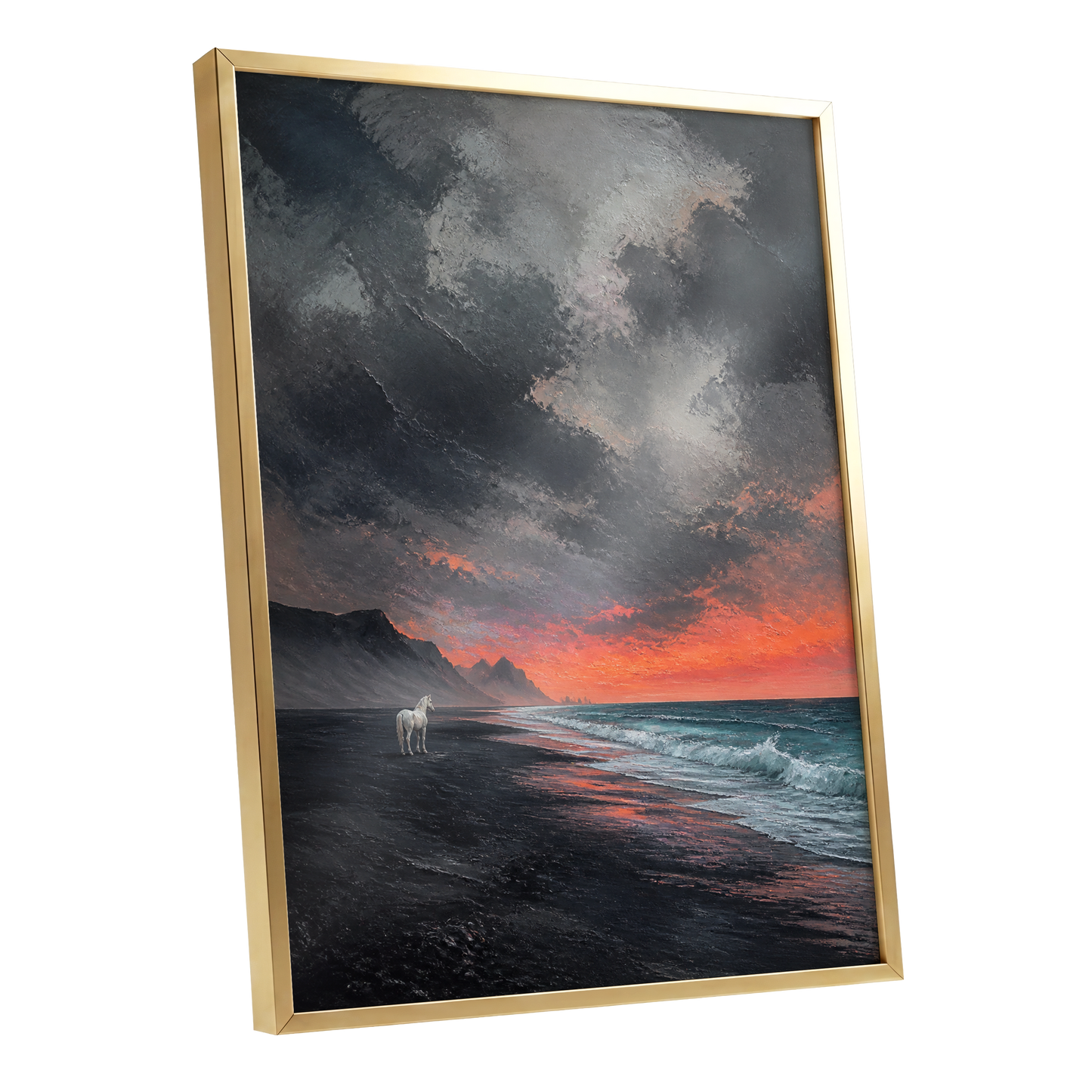 Solitary Shore, black, gray, orange nature wall art shown as a gold framed poster wall art print