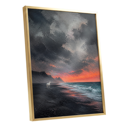 Solitary Shore, black, gray, orange nature wall art shown as a gold framed poster wall art print