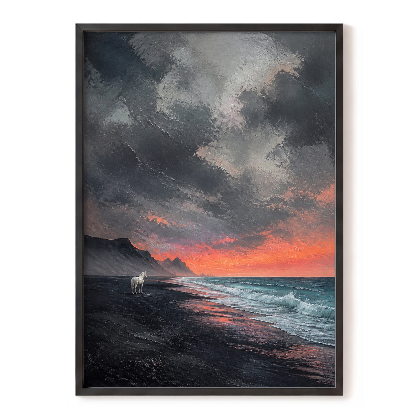 Solitary Shore, black, gray, orange nature wall art, front artwork view