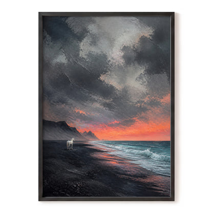 Solitary Shore, black, gray, orange nature wall art, front artwork view