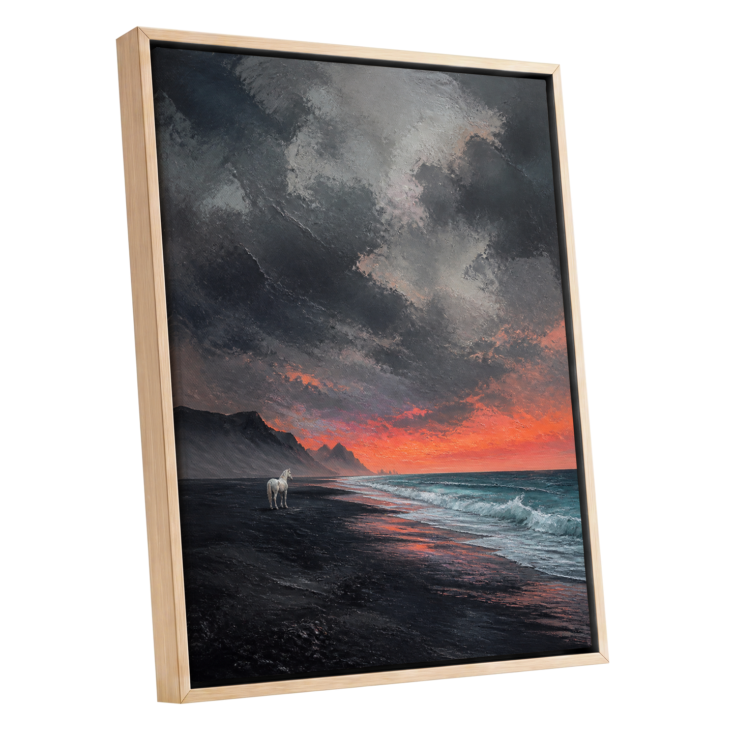 Solitary Shore, black, gray, orange nature wall art shown as a oak framed canvas wall art
