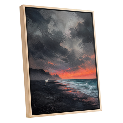 Solitary Shore, black, gray, orange nature wall art shown as a oak framed canvas wall art
