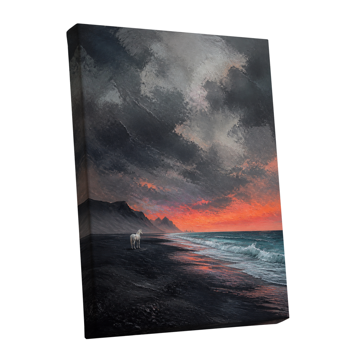 Solitary Shore, black, gray, orange nature wall art shown as a stretched canvas wall art