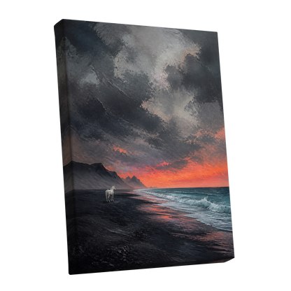 Solitary Shore, black, gray, orange nature wall art shown as a stretched canvas wall art