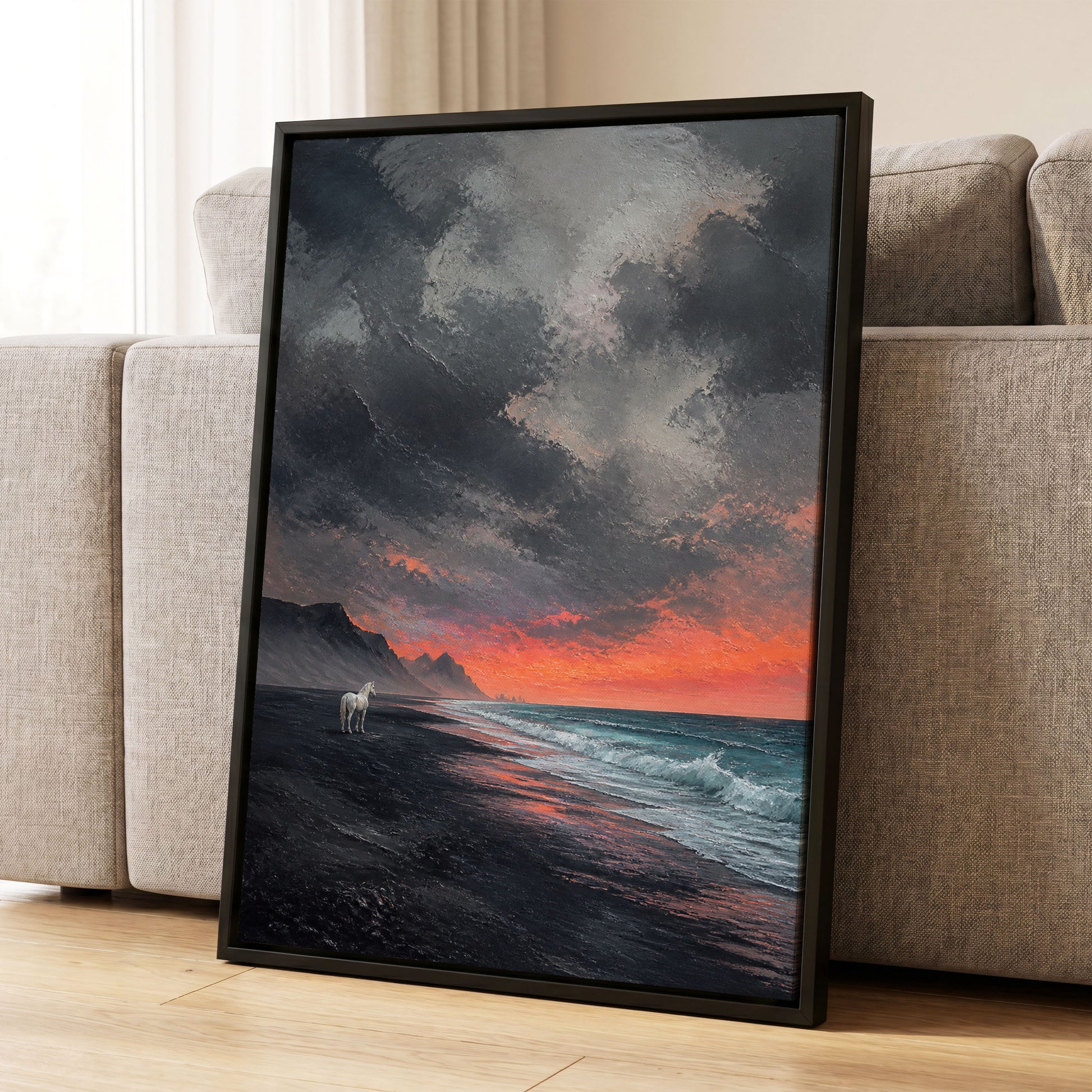 Solitary Shore, black, gray, orange nature wall art displayed in a styled interior, gallery view 1