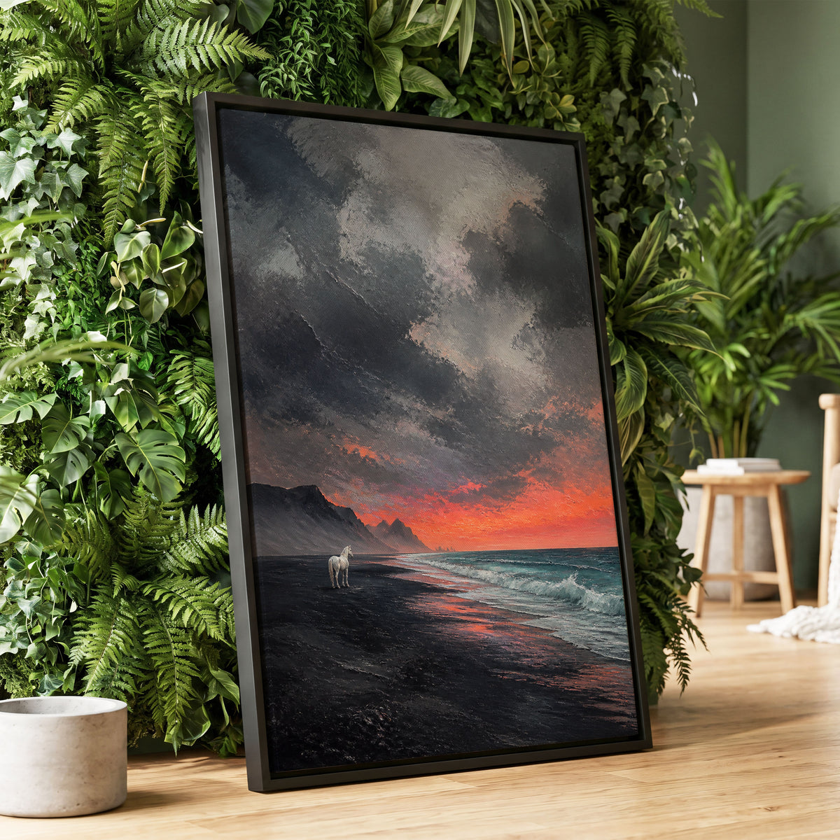 Solitary Shore, black, gray, orange nature wall art displayed in a styled interior, gallery view 2