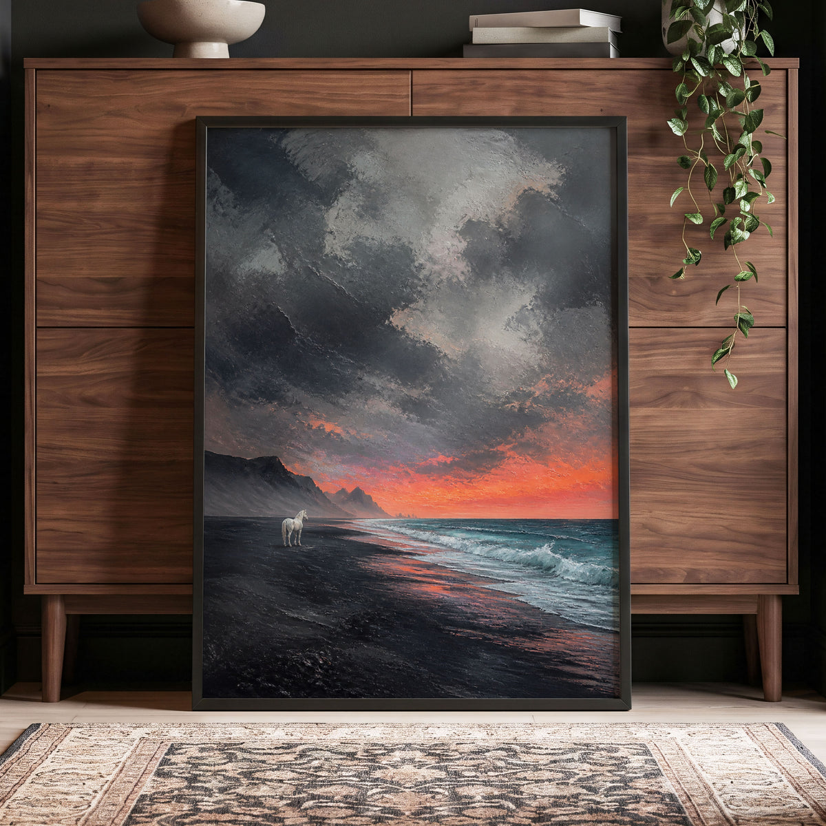 Solitary Shore, black, gray, orange nature wall art displayed in a styled interior, gallery view 5