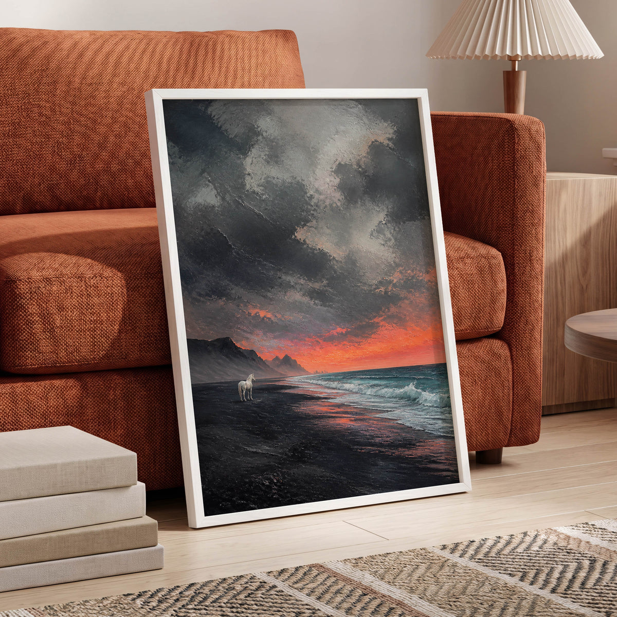 Solitary Shore, black, gray, orange nature wall art displayed in a styled interior, gallery view 6