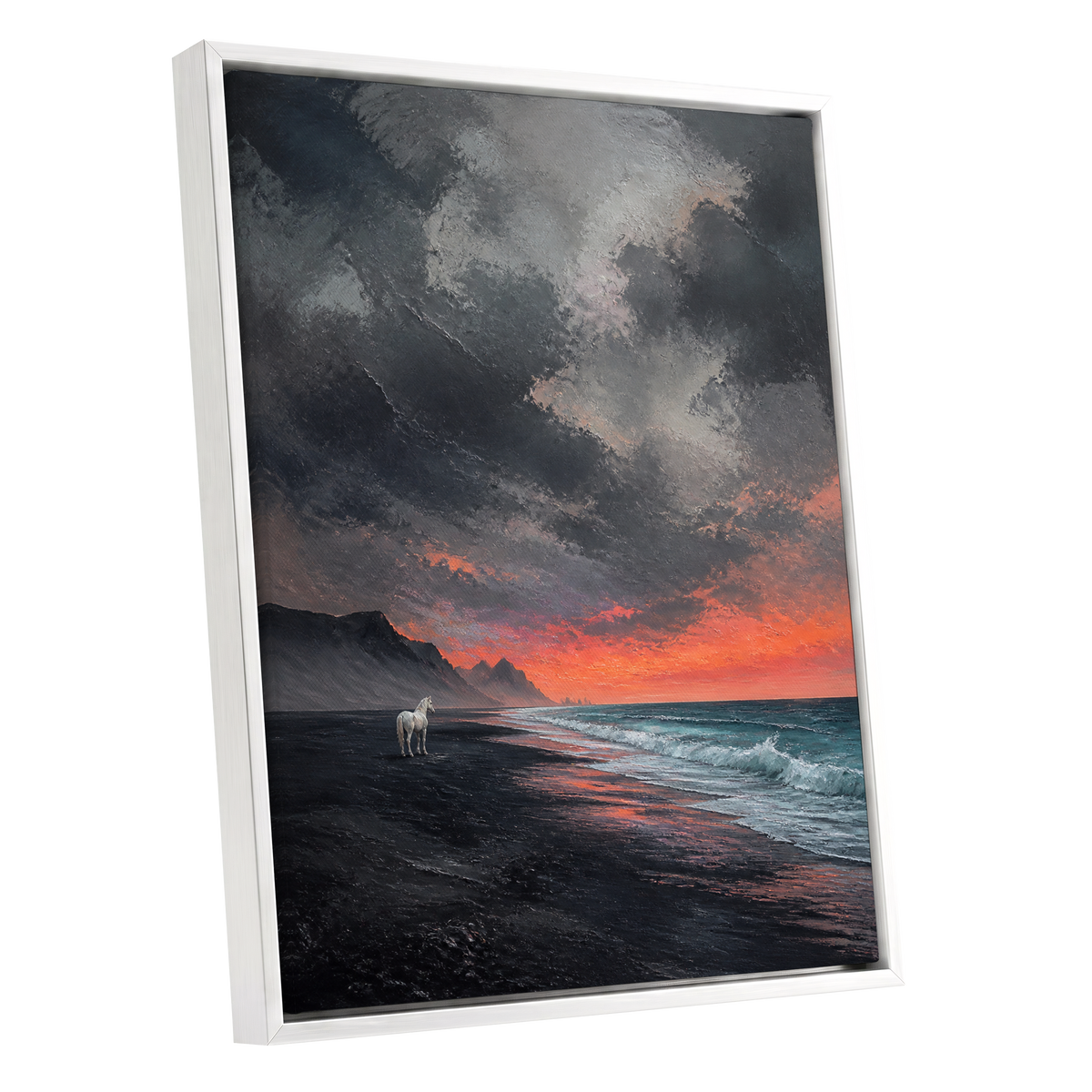 Solitary Shore, black, gray, orange nature wall art shown as a white framed canvas wall art