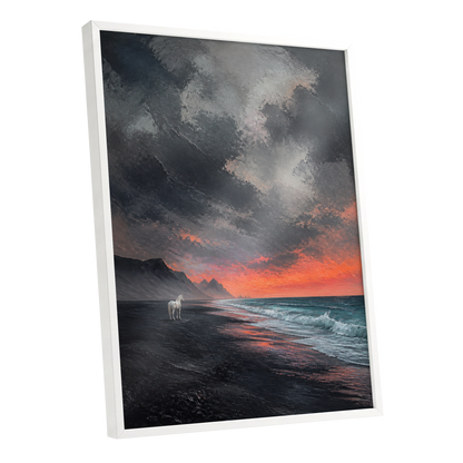 Solitary Shore, black, gray, orange nature wall art shown as a white framed poster wall art print