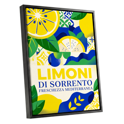 Sorrento Citrus Rhythm, yellow, blue, green nature wall art shown as a black framed canvas wall art