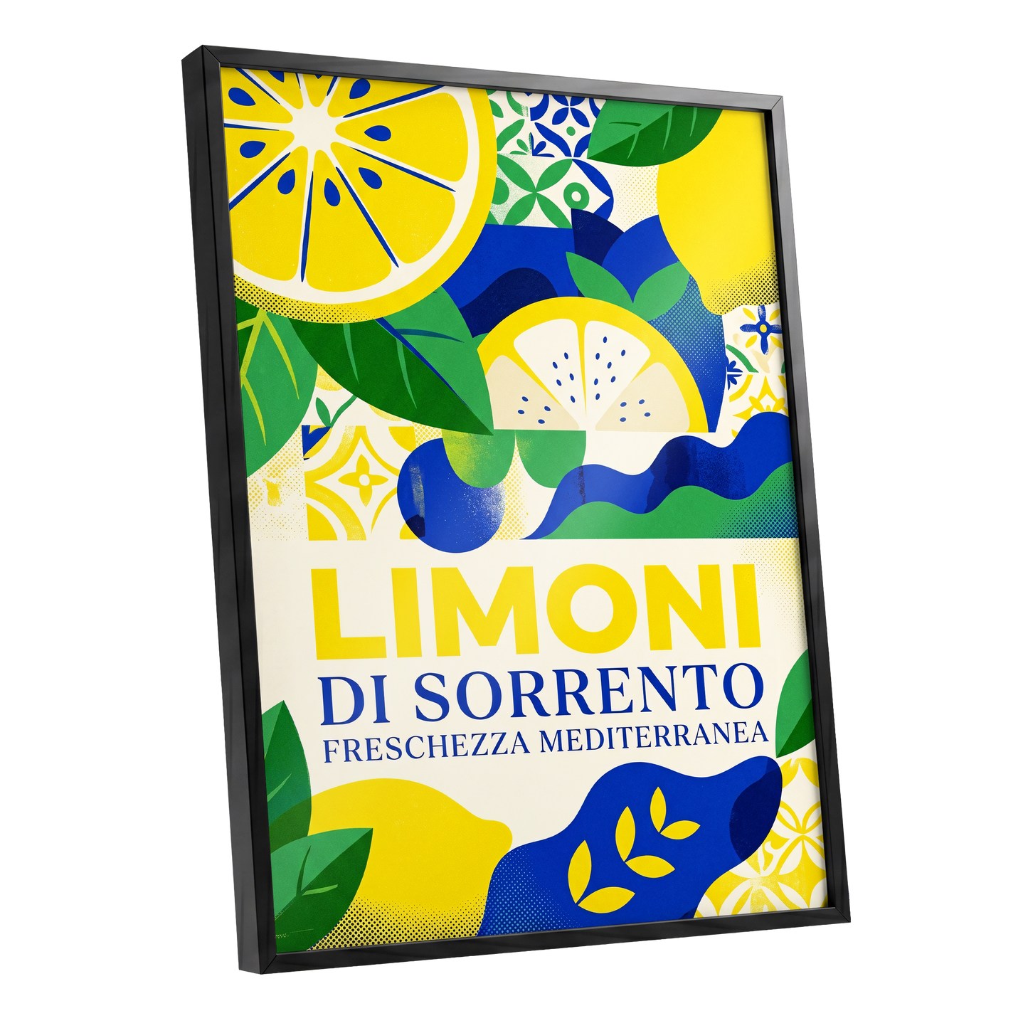 Sorrento Citrus Rhythm, yellow, blue, green nature wall art shown as a black framed poster wall art print
