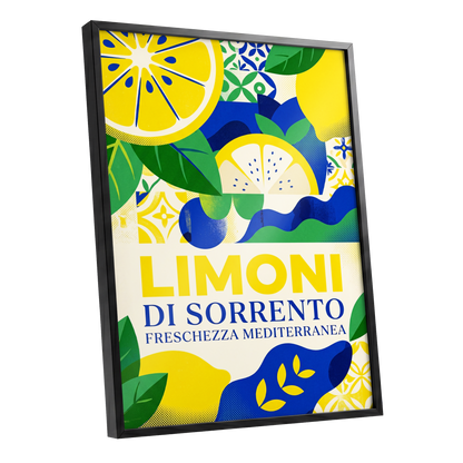 Sorrento Citrus Rhythm, yellow, blue, green nature wall art shown as a black framed poster wall art print