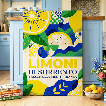 Sorrento Citrus Rhythm, yellow, blue, green nature wall art on canvas displayed in a styled interior, gallery view 1